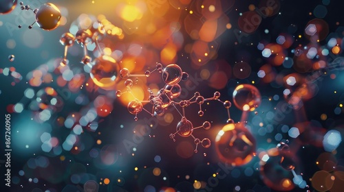 Abstract chemical compounds with floating molecules and bright highlights. photo