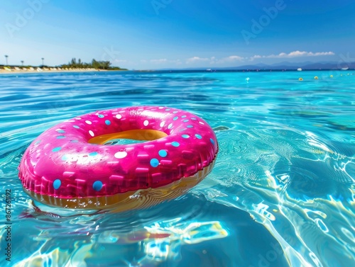 Beautiful brightly colored inflatable donut floating in clear blue water at the resort beach, beautiful scenery without people