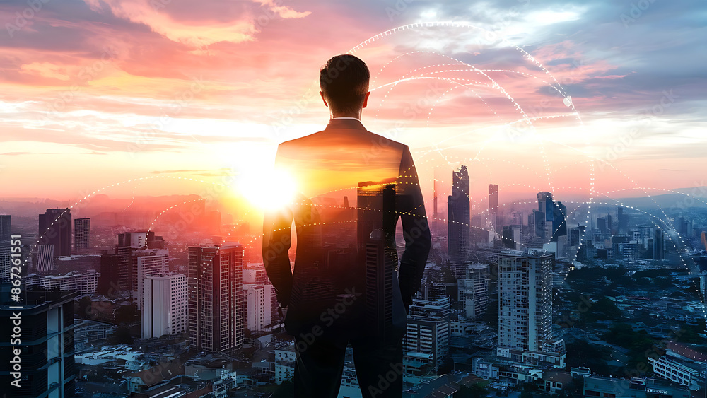 Exposure image of the business man standing back during sunset overlay with cityscape. Exposure image of the business man standing back during sunset overlay with cityscape.