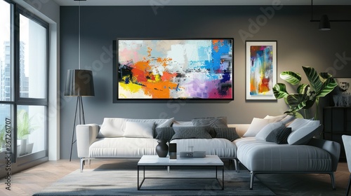 Abstract digital art displayed on a smart frame in a tech-savvy home.