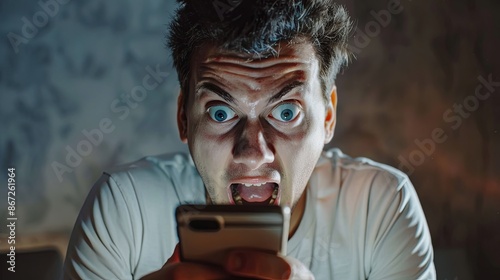 Young man with crazy face looking at the phone