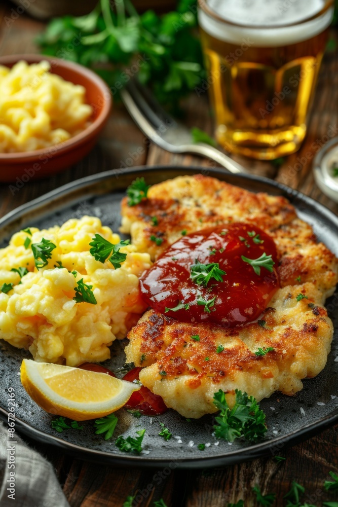 Classic Wiener Schnitzel : with a lemon wedge, parsley garnish, and a glass of golden beer on the side. Classic Wiener Schnitzel : with a lemon wedge, parsley garnish, and a glass of golden beer on the side.