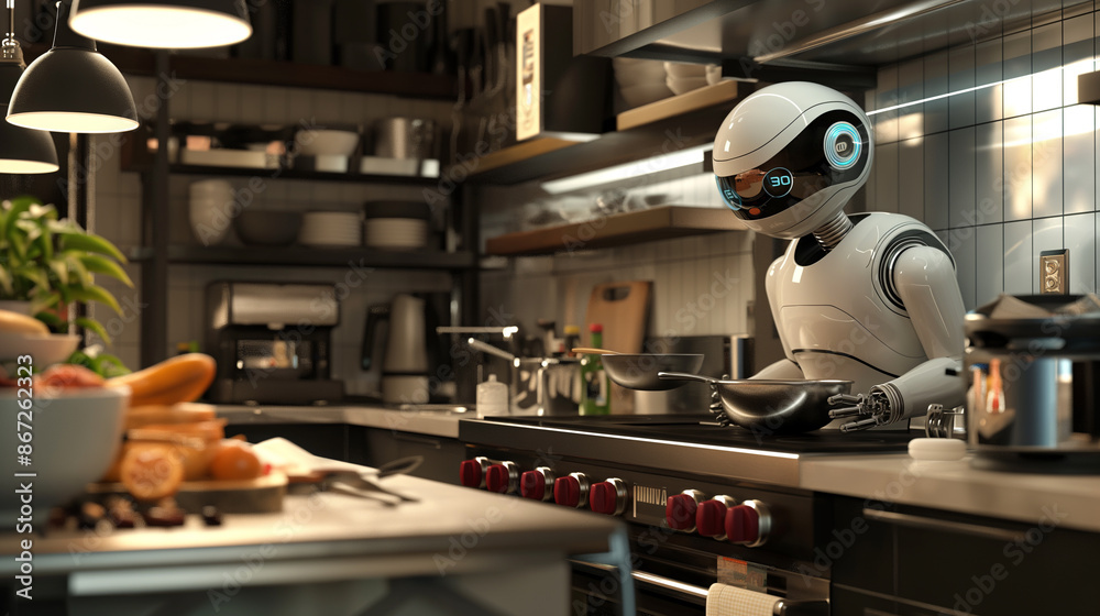 Robot chef cooks food in the kitchen Future work with artificial intelligence. AI robots work together in the office. Automation and technology