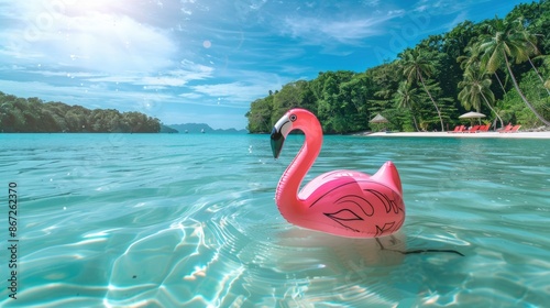 Beautiful colorful inflatable flamingo figure swimming in clear blue water on the beach of a resort in a tropical country, beautiful landscape