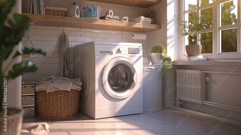 A white washing machine sits in a small room with a window and a plant A white washing machine sits in a small room with a window and a plant