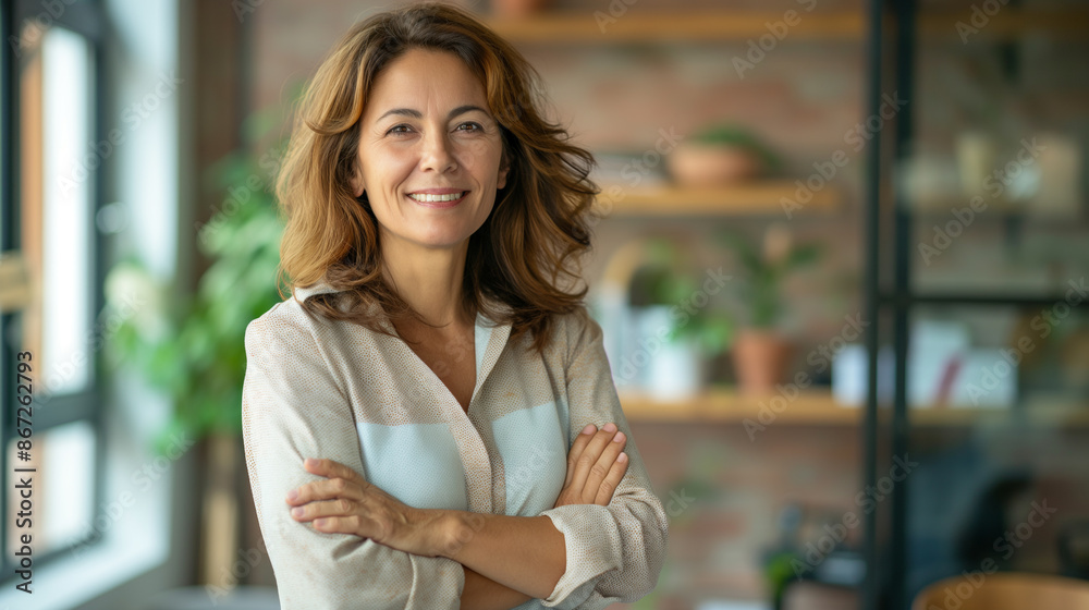 Portrait of a middle-aged businesswoman standing in the office and smiling cheerfully. Confident professional woman wearing business casual attire Portrait of a middle-aged businesswoman standing in the office and smiling cheerfully. Confident professional woman wearing business casual attire