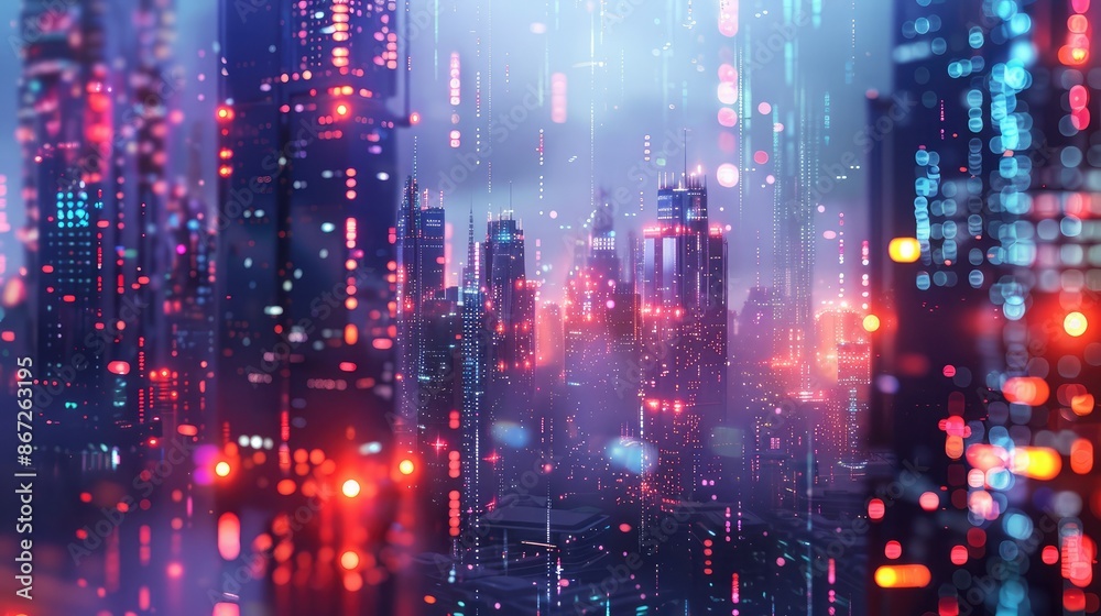 Abstract futuristic cityscape with data streams and glowing lights. Abstract futuristic cityscape with data streams and glowing lights.