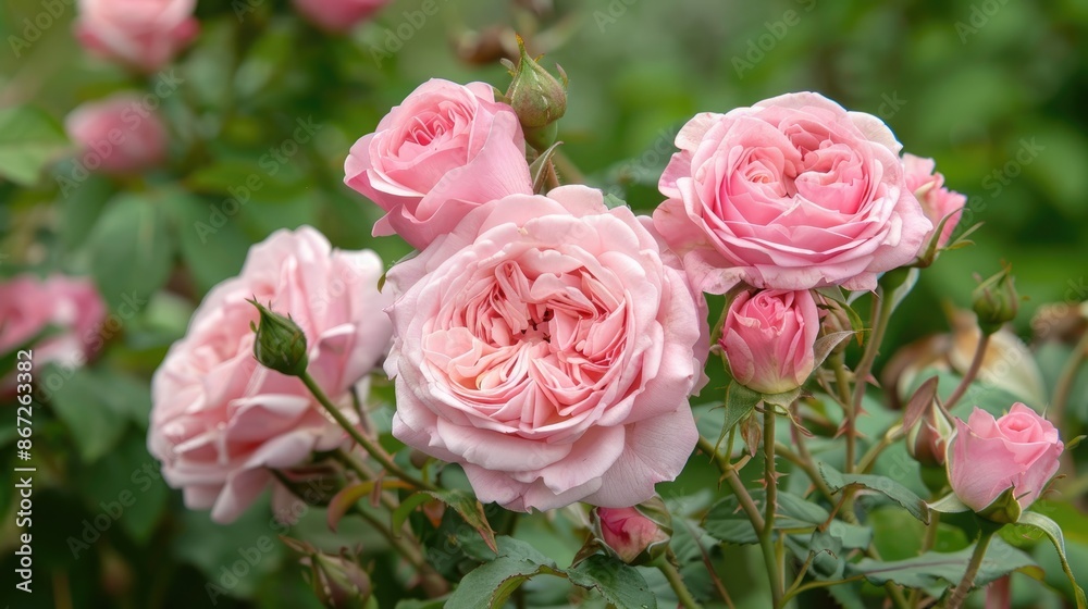 Pink roses fully blooming with green leaves and prickly branches in the background Pink roses fully blooming with green leaves and prickly branches in the background