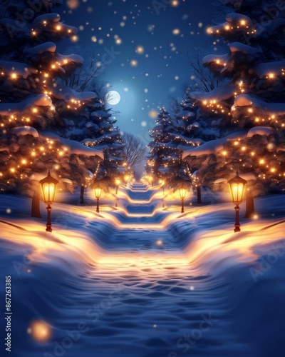 Enchanted Winter Forest Digital Art Illustration with Glowing Lanterns and Whimsical Creatures