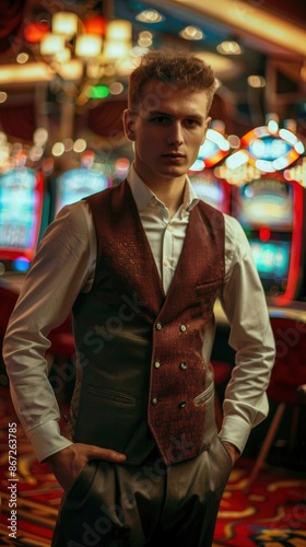 Young fit and attractive man model wearing stylish clothes with strict look in casino interior, bright image, blurred background
