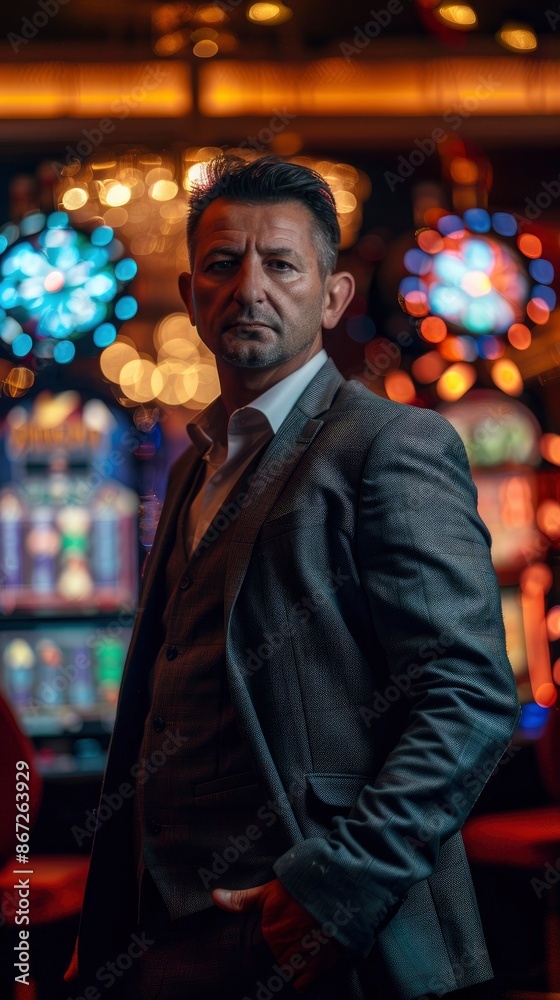 Fototapeta premium Middle aged man model wearing classic suit with strict look in casino interior, bright image, blurred background