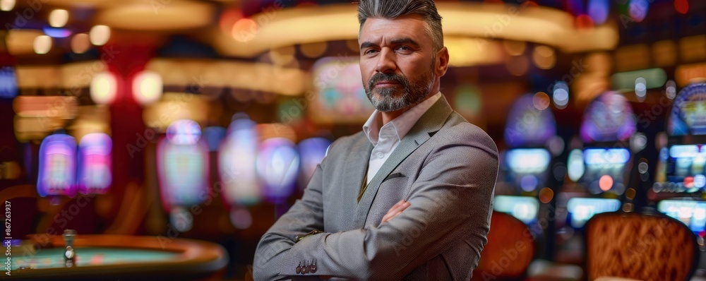 Middle aged man model wearing classic suit with strict look in casino interior, bright image, blurred background Middle aged man model wearing classic suit with strict look in casino interior, bright image, blurred background