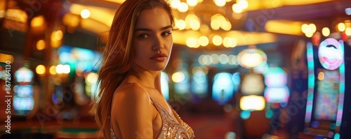 Outstanding 45 year old woman model wearing dress with strict look in casino interior, clear face and skin, bright image, blurred background