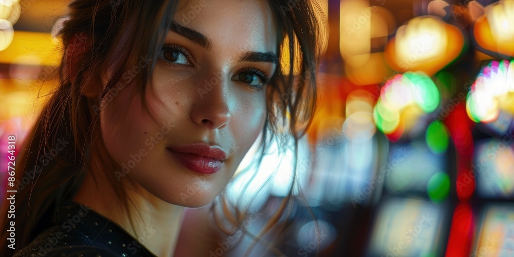 Portrait of 35 year old model girl croupier at workplace in casino, serious calm look, beautiful face, blurred background Portrait of 35 year old model girl croupier at workplace in casino, serious calm look, beautiful face, blurred background