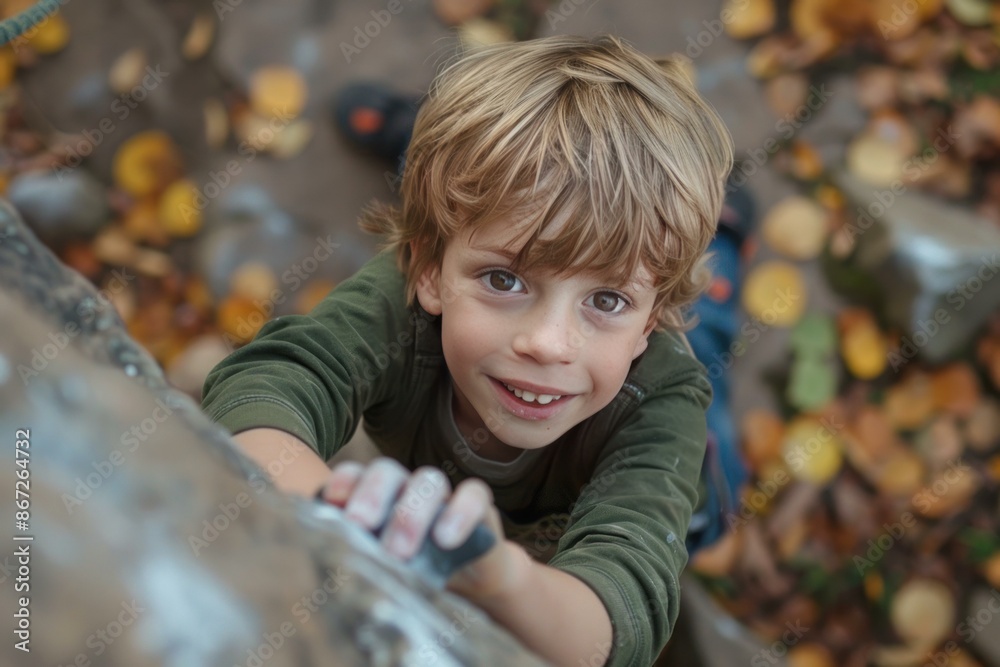 Young climber boy smiling and looking at camera while climbing wall at the park in autumn Young climber boy smiling and looking at camera while climbing wall at the park in autumn