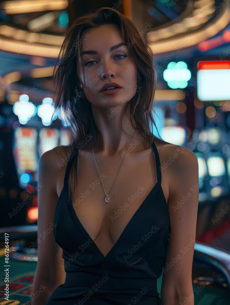 Fototapeta premium Sensitive 35 year old woman model in outstanding dress with strict look in casino interior, clear face and skin, bright image, blurred background