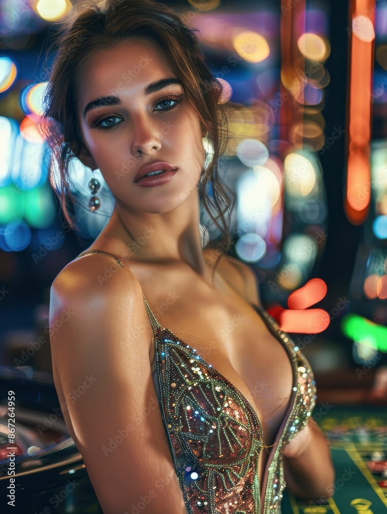 Sensitive 35 year old woman model in outstanding dress with strict look in casino interior, clear face and skin, bright image, blurred background Sensitive 35 year old woman model in outstanding dress with strict look in casino interior, clear face and skin, bright image, blurred background