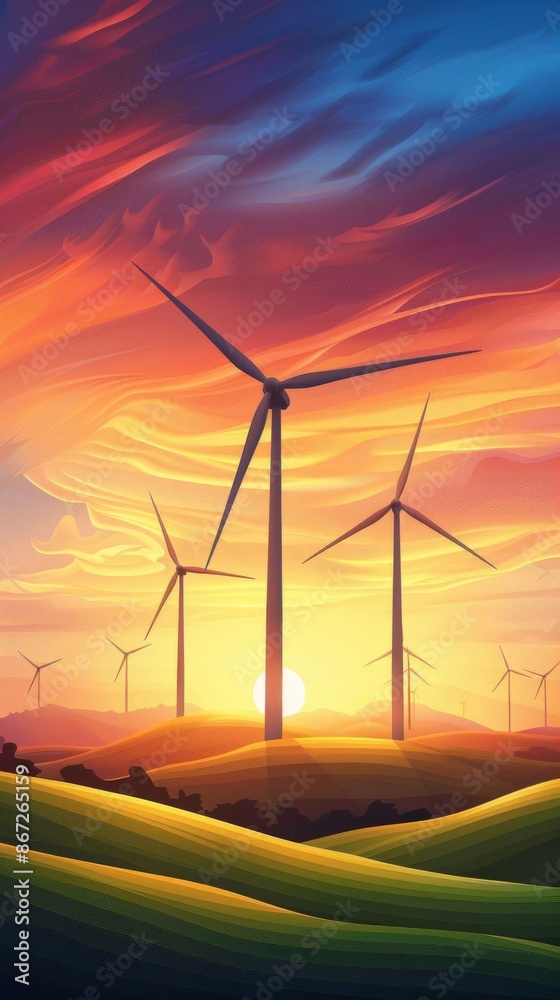 Obraz premium Sunset Serenity Wind Turbines in Watercolor Style