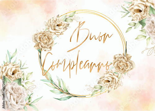 biglietto o striscione per augurare un buon compleanno in oro in diversi cerchi color oro con fiori e foglie su uno sfondo sfumato di diversi colori