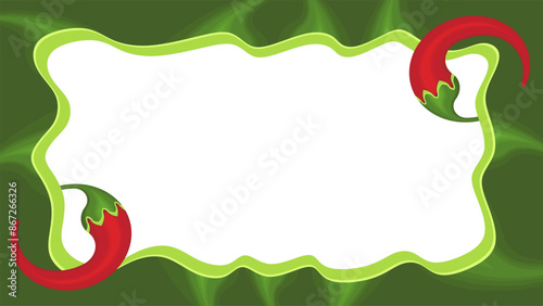 Green frame with red chili elements. Perfect for banners, cards, menu lists. Flat vector illustration.