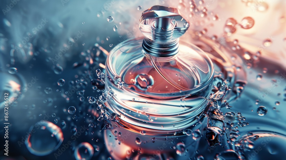 Realistic close-up photography of a luxury perfume bottle, highlighting the transparent glass and liquid inside with a spray nozzle, against a surrealism liquid background, ideal for high-end Realistic close-up photography of a luxury perfume bottle, highlighting the transparent glass and liquid inside with a spray nozzle, against a surrealism liquid background, ideal for high-end