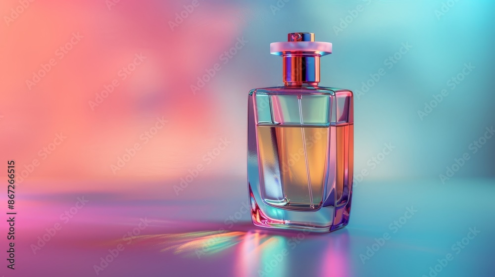 Studio-shot photography of a modern perfume bottle, featuring transparent glass, liquid, and a spray nozzle, isolated against a surrealism liquid background
