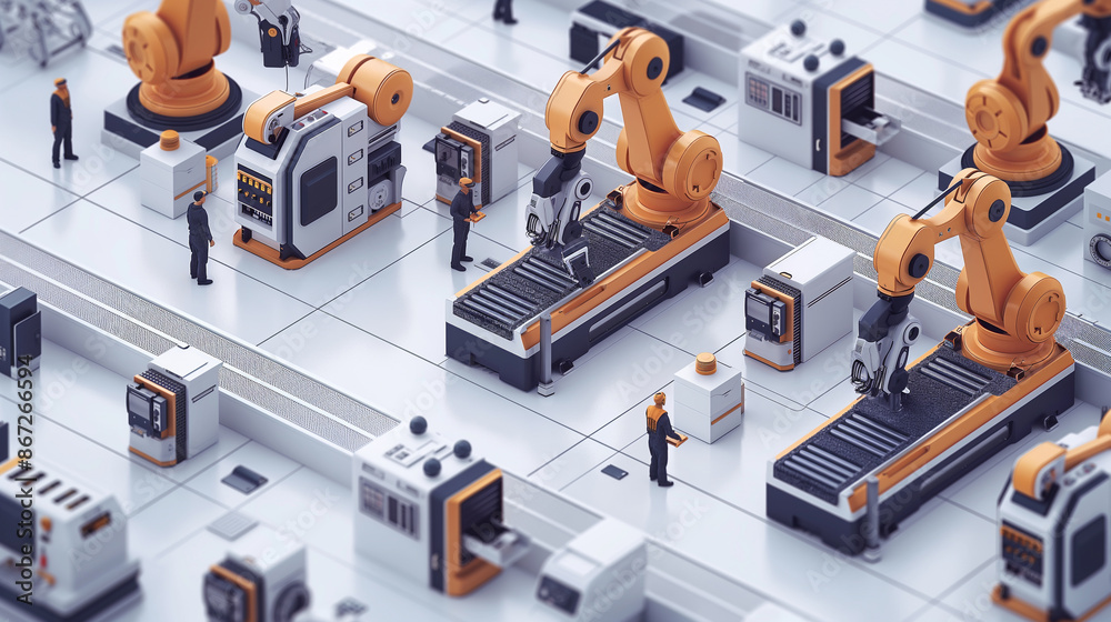 3D rendering of industrial robots with conveyor belts in a ...