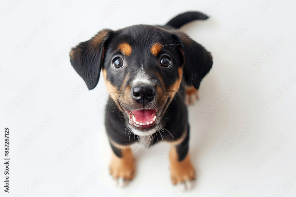 Cute Puppy laying on the floor top view flat lay with white copy space white background Cute Puppy laying on the floor top view flat lay with white copy space white background