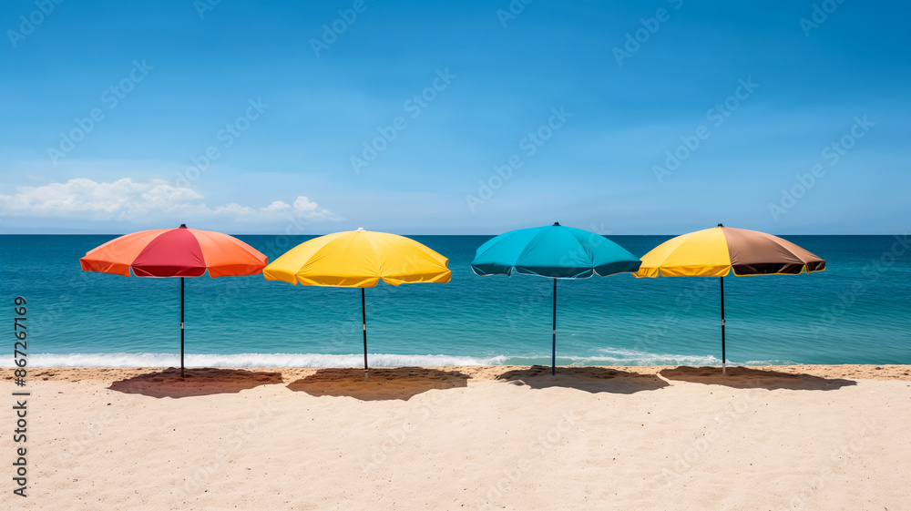 Charming beach picnic setup with colorful umbrellas and vivid blue ocean waves under a radiant sunny sky Charming beach picnic setup with colorful umbrellas and vivid blue ocean waves under a radiant sunny sky