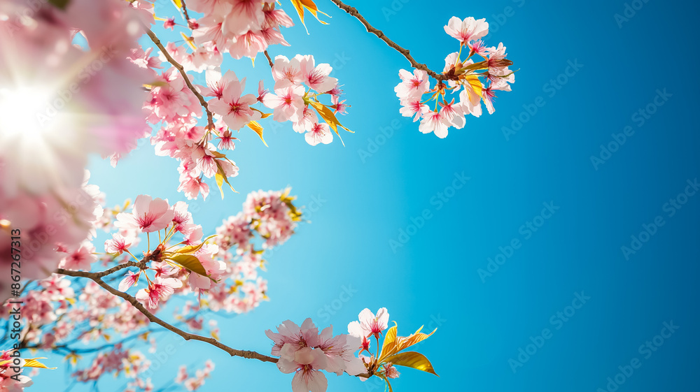 Cherry blossom trees in full bloom with pink petals under a bright blue sky, capturing summer bliss Cherry blossom trees in full bloom with pink petals under a bright blue sky, capturing summer bliss