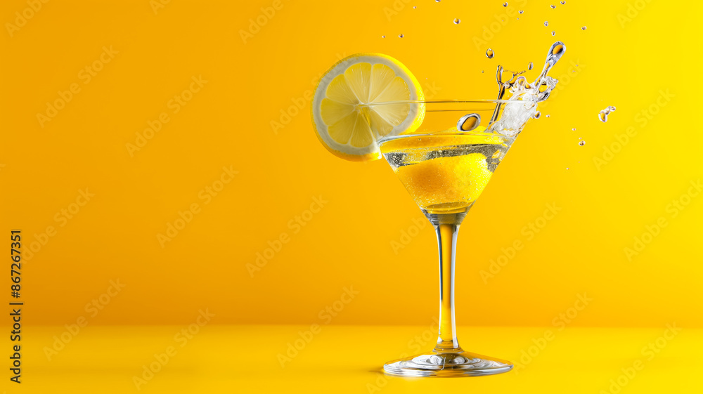 Citrus cocktail splashes in a martini glass, isolated on a gradient background 