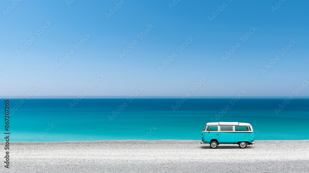 Classic camper van parked on a sandy beach with turquoise sea and clear blue sky background Classic camper van parked on a sandy beach with turquoise sea and clear blue sky background