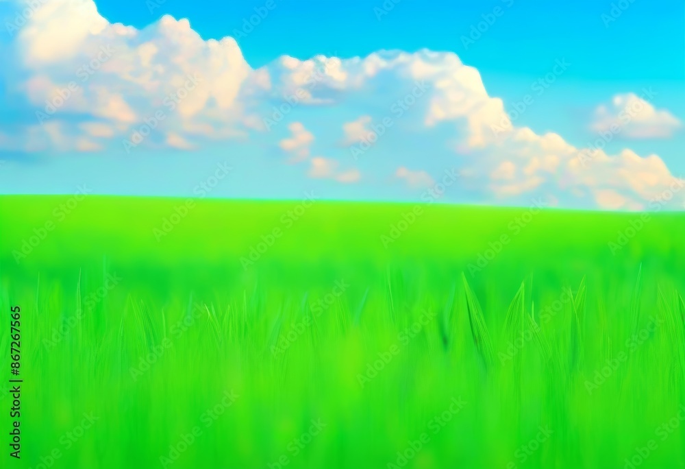 Fototapeta premium A scenic view of green meadows with a blue sky and fluffy clouds in the background