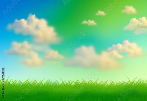 A scenic view of green meadows with a blue sky and fluffy clouds in the background