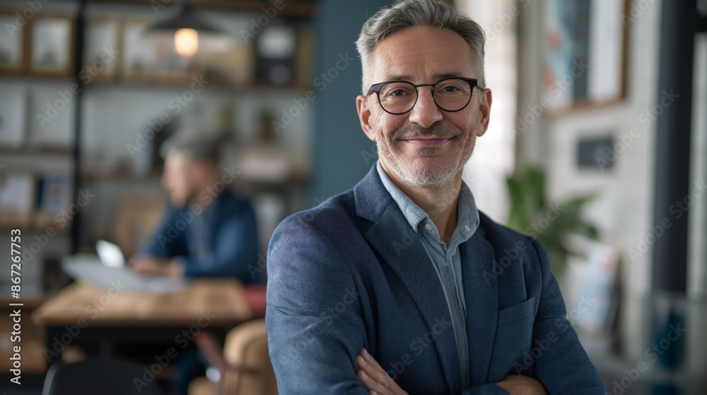 Portrait of a middle-aged male businessman standing in the office and smiling cheerfully. Confident professional woman wearing business casual attire Portrait of a middle-aged male businessman standing in the office and smiling cheerfully. Confident professional woman wearing business casual attire