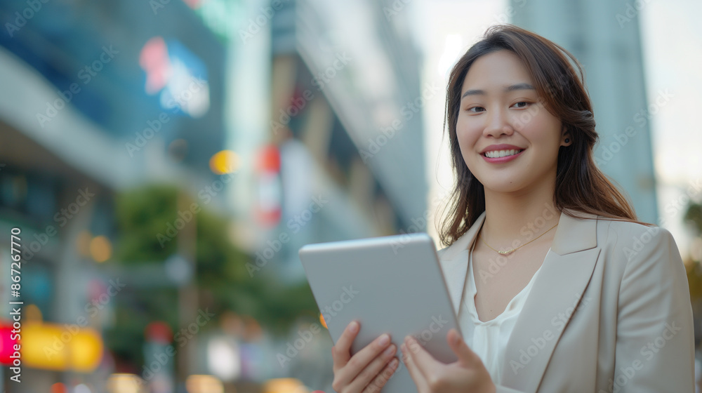 Businesswoman use of tablet computer in city smiling outdoors with a history of building businesses The idea began to work. Starting a business, looking at goals Businesswoman use of tablet computer in city smiling outdoors with a history of building businesses The idea began to work. Starting a business, looking at goals
