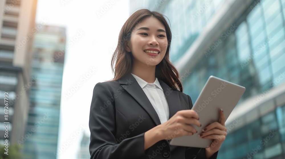 Businesswoman use of tablet computer in city smiling outdoors with a history of building businesses The idea began to work. Starting a business, looking at goals Businesswoman use of tablet computer in city smiling outdoors with a history of building businesses The idea began to work. Starting a business, looking at goals