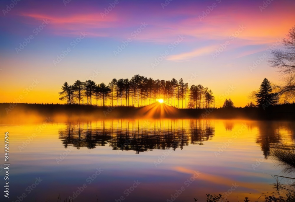 A sunset over a calm pond with trees silhouetted against the colorful sky A sunset over a calm pond with trees silhouetted against the colorful sky
