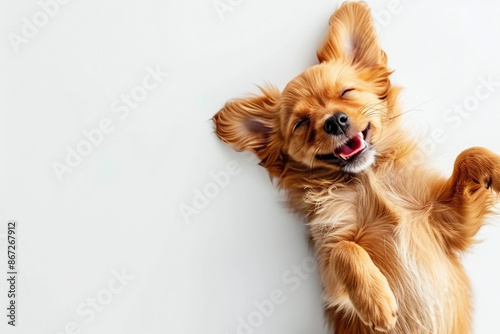 Cute Puppy laying on the floor top view flat lay with white copy space white background