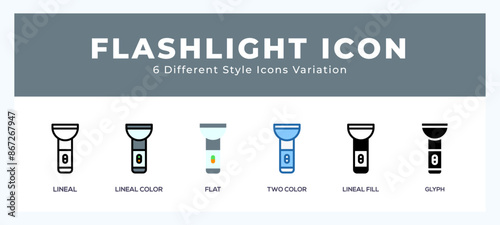 Flashlight icon set with different styles. Design elements for logo. Vector illustration.