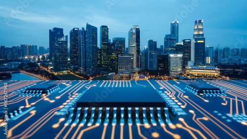 Detailed semiconductor map integrated with a spectacular view of the Singapore skyline at dusk 