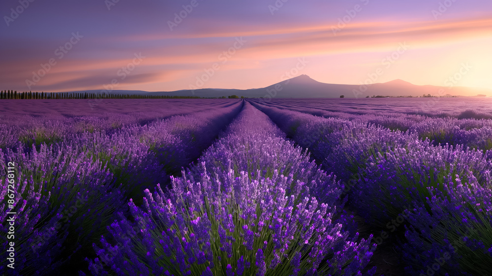 Fototapeta premium Endless lavender fields under a pastel orange and purple sunset, creating a tranquil and aromatic summer backdrop 