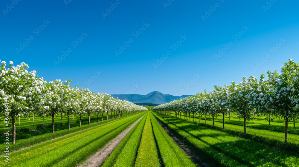 Expansive orchard with rows of blossoming trees under a pristine blue sky, embodying summers natural beauty Expansive orchard with rows of blossoming trees under a pristine blue sky, embodying summers natural beauty