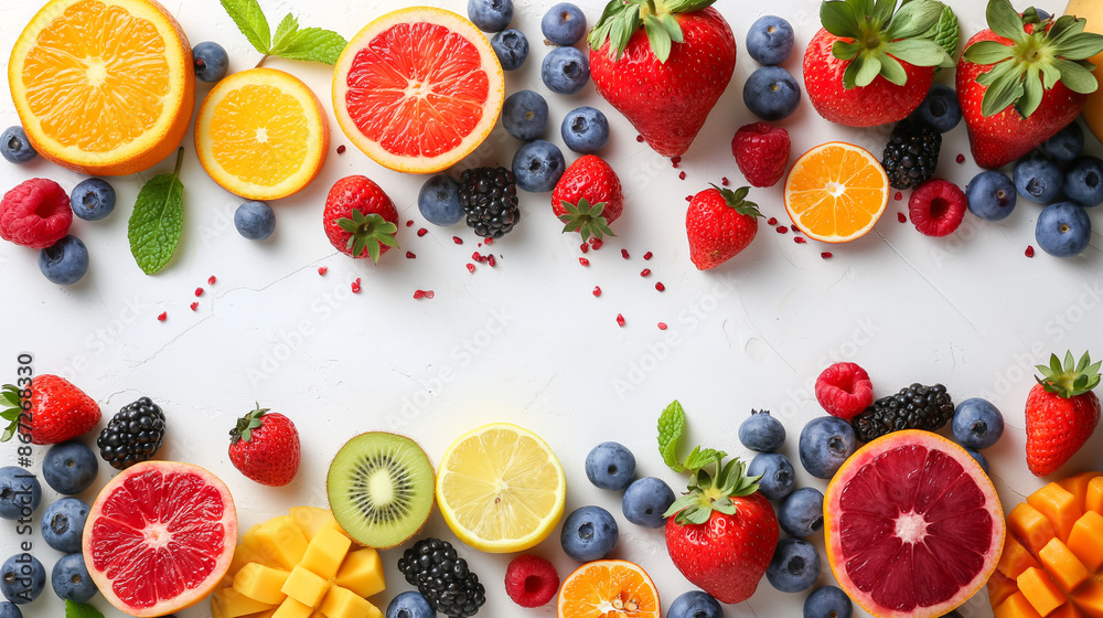 Top view. Various fresh fruits and berries on white background. Clean eating concept. healthy life copy space Top view. Various fresh fruits and berries on white background. Clean eating concept. healthy life copy space