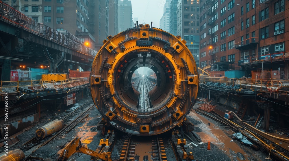 Fototapeta premium Tunnel Boring Machine in Urban Construction Site. Urban construction site featuring a tunnel boring machine, with buildings and infrastructure surrounding the area.
