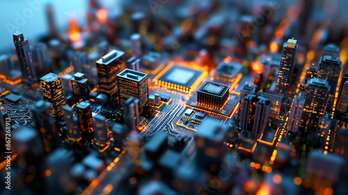 Intricate semiconductor map fused with a vivid aerial view of New York City at dusk 
