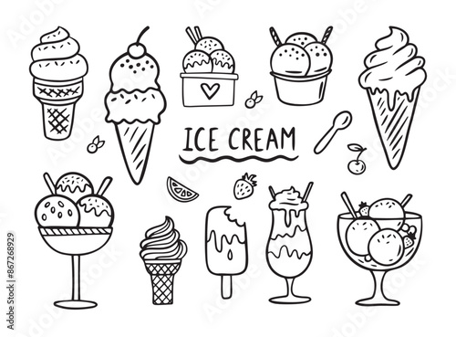 Ice cream Hand drawn doodle set. Different types, waffle cone, cup ice cream, popsicle, sundae. Sketch style cafe menu, card, birthday card decoration.