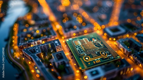 Intricate semiconductor map juxtaposed with a vibrant aerial view of Amsterdams canals at sunrise  photo