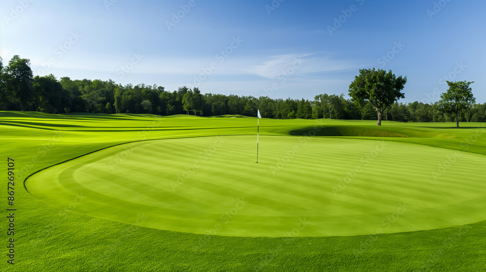 Lush green golf course with perfectly manicured fairways under a bright blue sky, showcasing summer leisure Lush green golf course with perfectly manicured fairways under a bright blue sky, showcasing summer leisure
