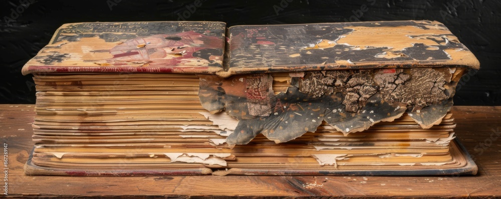 Naklejka premium Vintage Charm: Worn-Out Book with Delicate Hand-Painted Margins